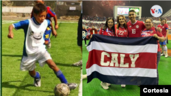 Carlos Martínez jouant au football enfant (à gauche) et à droite avec sa famille après avoir terminé un match au stade de San José, Costa Rica.  Photo courtoisie.