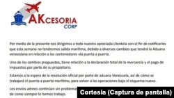 Une compagnie de transport maritime porte-à-porte des États-Unis au Venezuela a publié sur Instagram que cette semaine, ils n'auront pas de sortie maritime vers le pays.