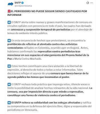 Le SNTP du Venezuela a dénoncé