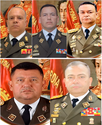 Cinq officiers militaires du GNB, portant des uniformes vert olive et des médailles, posent dans des portraits officiels devant des drapeaux rouges avec le texte "Garde nationale bolivarienne"