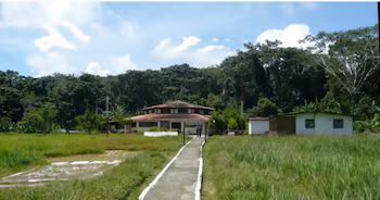 Vue panoramique d'une installation militaire avec un bâtiment principal au toit marron, flanqué de deux petits bâtiments, une allée en béton et une végétation luxuriante