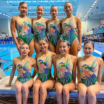 L'équipe salvadorienne, composée de Cesia Castaneda, Grecia Mendoza, Daira Sánchez, María José Argueta, Gabriela Mercado, Andrea Mercado, Sara Cruz et Gabriela Morán, compte 139,2508 points dans la modalité senior libre. (Photo : Comité olympique du Salvador)
