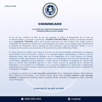 Communiqué officiel de la Cour Constitutionnelle, publié le 23 avril 2026, qui fait état de la protection provisoire accordée concernant le processus d'élection du procureur général et du chef du ministère public. (Autorisation : Cour constitutionnelle)