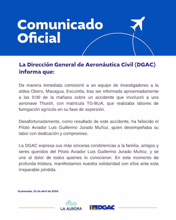 La DGAC a publié une déclaration officielle de condoléances reconnaissant la carrière et l'engagement de Luis Guillermo Jurado Muñoz dans le secteur agricole national (Autorisation : Direction générale de l'aéronautique civile)