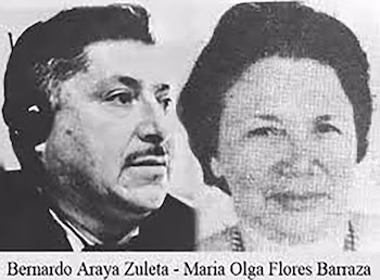 Portrait en noir et blanc d'un homme moustachu (à gauche) et d'une femme (à droite). Ci-dessous, les noms Bernardo Araya Zuleta et Maria Olga Flores Barraza