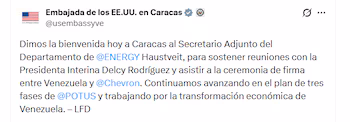 Capture d'écran du tweet de l'ambassade américaine à Caracas (@usembassyve) annonçant une visite officielle et des réunions au Venezuela