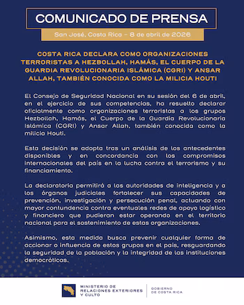 La décision renforce la capacité des autorités costaricaines en matière de prévention, d'enquête et de poursuites pénales liées au terrorisme. (Autorisation : ministère des Affaires étrangères du Costa Rica)