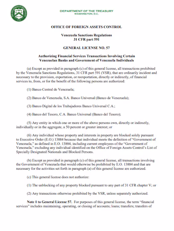 Le Département du Trésor américain publie la licence générale OFAC 57, autorisant certaines transactions financières impliquant la Banque centrale du Venezuela et d'autres institutions publiques.