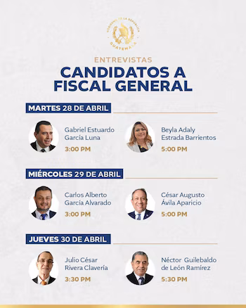 Graphique avec le logo du gouvernement du Guatemala et le titre « Entretiens avec les candidats au poste de procureur général ». Affiche six photos de candidats avec les noms et les heures d'entretien