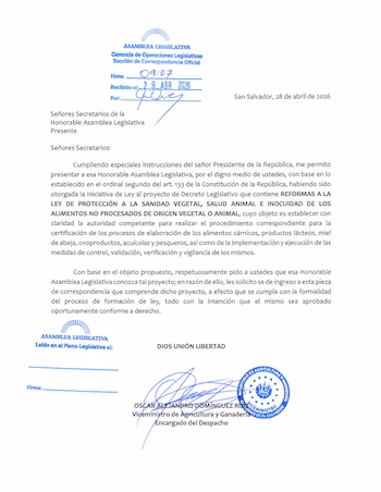 L'initiative présentée à l'Assemblée vise à modifier la législation actuelle pour établir l'autorité chargée de certifier les processus et les lieux de production de viande, de produits laitiers, d'œufs, de miel et de produits aquacoles. (Capture d'écran de la correspondance émise)