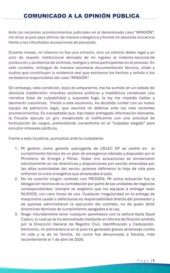 La lettre de Fabian Calero.