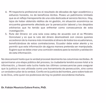 La lettre de Fabian Calero.