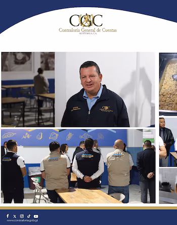Le logo du contrôleur général des comptes, un homme souriant vêtu d'une veste portant le logo de la CCG et des personnes portant des gilets « Municipalité supervisée » lors d'un événement, avec des images de nourriture.