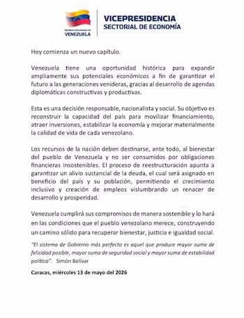 Une déclaration de la Vice-présidence sectorielle de l'économie du Venezuela détaille les stratégies visant à accroître le potentiel économique du pays et à restructurer sa dette