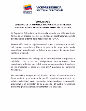 Une déclaration de la Vice-présidence sectorielle de l'économie du Venezuela détaille les stratégies visant à accroître le potentiel économique du pays et à restructurer sa dette