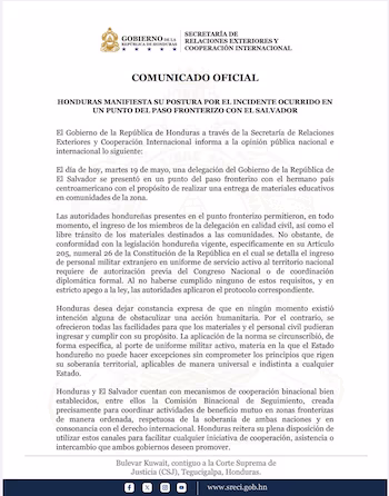 Le ministère hondurien des Affaires étrangères a publié une déclaration officielle suite à l'incident survenu à un point frontière avec le Salvador. (PHOTO : X / Ministère des Affaires étrangères du Honduras)