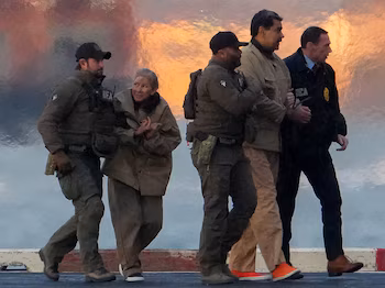 Des agents de la DEA transportent Nicolás Maduro et son épouse Cilia Flores capturés hors d'un hélicoptère, alors que Nicolás Maduro se dirige vers le tribunal des États-Unis Daniel Patrick Manhattan pour une première comparution à New York, aux États-Unis. 5 janvier 2026 REUTERS/Adam Gray