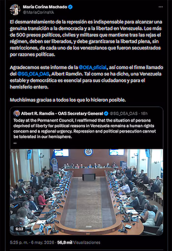 Capture d'écran du tweet de María Corina Machado avec texte en espagnol. Ci-dessous, un retweet de l'OEA montrant une salle de conférence avec des personnes assises