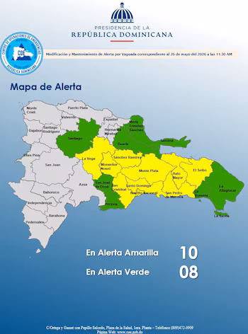 Carte officielle de la République Dominicaine émise par le COE, montrant les provinces en alerte jaune et verte en raison du creux. Dix provinces, dont le district national, sont en alerte jaune et huit en alerte verte (avec l'aimable autorisation du COE).