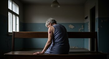 Une personne âgée, le dos tourné, avec une ecchymose visible sur le bras gauche, assise sur un banc en bois dans une pièce aux murs écaillés et à la fenêtre.