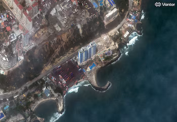 Une vue satellite montre les dommages causés à un complexe hôtelier et à un terminal à conteneurs sur l'Avenida la Playa, la Guaira, Venezuela, le 25 juin 2026, après deux puissants tremblements de terre Vantor/Handout via REUTERS