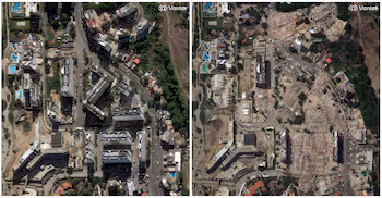Une combinaison d'images satellite montre des gratte-ciel à Caraballeda, au Venezuela, avant (à gauche) et après les tremblements de terre qui ont frappé le pays les 28 décembre 2025 et 26 juin 2026. Vantor/Handout via REUTERS