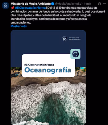 Le littoral salvadorien est sous alerte en raison des conditions océanographiques qui peuvent affecter aussi bien les baigneurs que les bateaux, selon le ministère de l'Environnement.