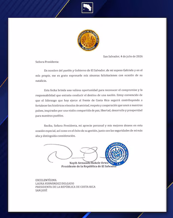 Lettre envoyée par Bukele au président costaricain. Crédit : Présidence de la République