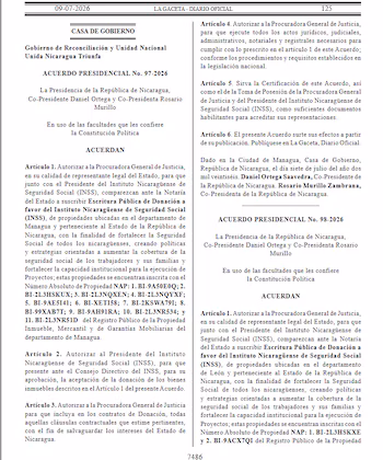Le gouvernement du Nicaragua a autorisé la donation de 14 propriétés de l'État à l'INSS à Managua, León et Carazo. (Image tirée de La Gaceta Nicaragua)