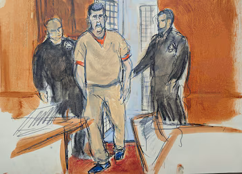 Croquis d'artiste illustrant l'ancien président vénézuélien Nicolás Maduro devant le tribunal de New York, le 26 mars 2026. (Elizabeth Williams via AP)