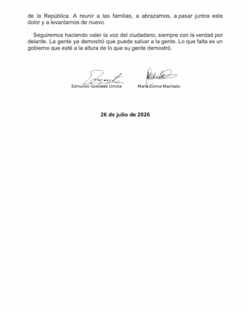 Document avec texte en espagnol, deux signatures manuscrites et les noms Edmundo González Urrutia, María Corina Machado et la date du 26 juillet 2026