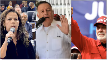 Collage de trois images. Une femme avec un microphone dans un forum, un homme avec un microphone et une main levée, un autre homme avec une casquette rouge et un poing