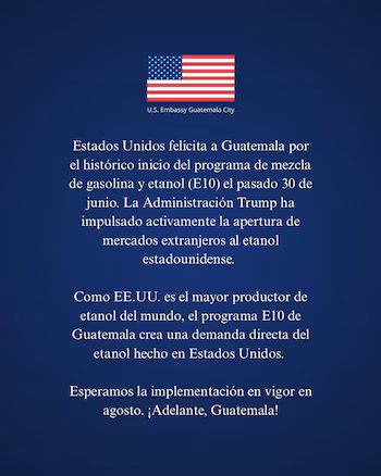 Drapeau des États-Unis. Texte « Ambassade des États-Unis à Guatemala City ». Paragraphes en espagnol sur le démarrage d'un programme d'essence et d'éthanol E10 au Guatemala