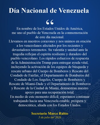 Le secrétaire d'État, Marco Rubio, publie une déclaration à l'occasion de la fête de l'indépendance du Venezuela, exprimant son soutien à la nation des Caraïbes et aux personnes touchées par les tremblements de terre.