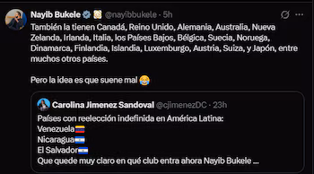 Nayib Bukele répond aux critiques concernant la réélection indéfinie au Salvador avec une publication dans X, où il compare le système salvadorien aux démocraties parlementaires d'autres pays.