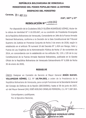 Document officiel avec en-tête République bolivarienne du Venezuela et Ministère de la Défense. Comprend le texte de la résolution, la date, Caracas, les signatures et un tampon rond