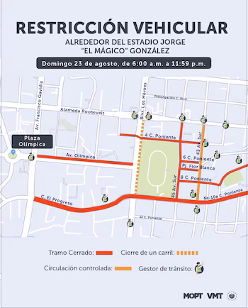 La restriction des véhicules sera appliquée entre 6h00 et 23h59 pour un événement organisé par la Direction de l'Intégration au Stade Jorge « El Mágico » González. (Autorisation : Vice-ministère des Transports)