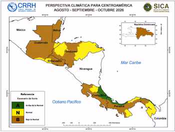 Le Belize, le Honduras, le Salvador et une grande partie du Guatemala connaîtront un déficit pluviométrique, tandis qu'au Costa Rica et au Panama, la sécheresse sera concentrée dans le Pacifique et le centre. (Avec l'autorisation du Bulletin Agriculture et Climat - Région SICA)