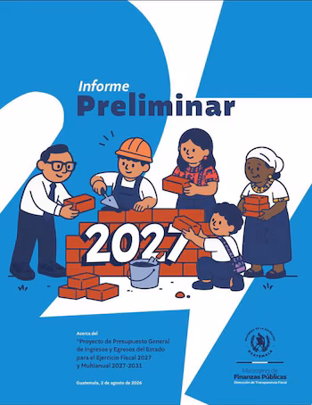 Illustration représentant cinq personnes construisant un mur de briques formant le nombre 2027, avec texte "Rapport préliminaire" et "Budget du Guatemala"