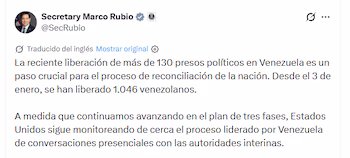 Capture d'écran d'un tweet du secrétaire d'État Marco Rubio sur la libération de plus de 130 prisonniers politiques au Venezuela
