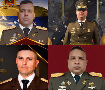 Composition divisée en quatre tableaux représentant des portraits d'hommes portant des uniformes militaires avec insignes et décorations