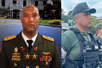 Composition divisée avec un officier militaire en uniforme à gauche et un autre officier en gilet tactique et casquette à droite