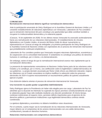 Document en texte noir sur fond blanc avec le logo bleu du Laboratoire de la Paix et une déclaration sur la situation au Venezuela