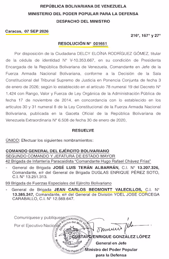 Document officiel imprimé sur papier à en-tête du gouvernement du Venezuela, texte avec noms surlignés, sceau officiel et signature en bas
