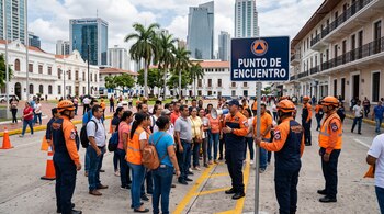 Des sauveteurs en uniforme orange parlent à travers un mégaphone à un groupe de personnes à côté d'un panneau indiquant Meeting Point.
