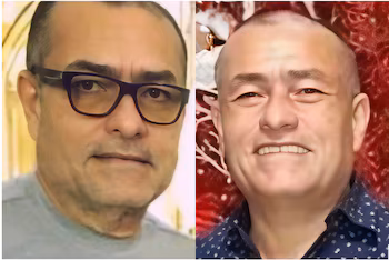 Deux photographies juxtaposées d'un homme mûr : dans l'une il porte des lunettes noires et dans l'autre il sourit dans une chemise à motifs