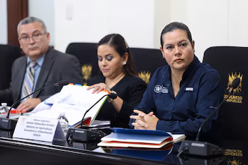 Trois personnes assises à une table avec des microphones, des dossiers contenant des documents et une plaque d'identification dans une salle officielle