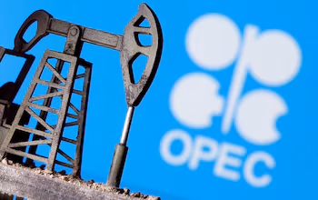 Une bombe pétrolière imprimée en 3D devant le logo de l'OPEP. REUTERS/Dado Ruvic