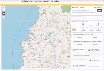 La carte interactive activée par le gouvernement de l'Équateur pour surveiller les alertes du phénomène El Niño.