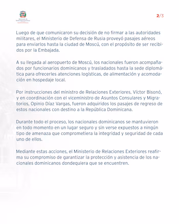 Le chef des Affaires étrangères et le vice-ministre des Affaires consulaires ont coordonné le transfert des compatriotes de la capitale russe vers la République dominicaine après leur décision de ne pas adhérer.